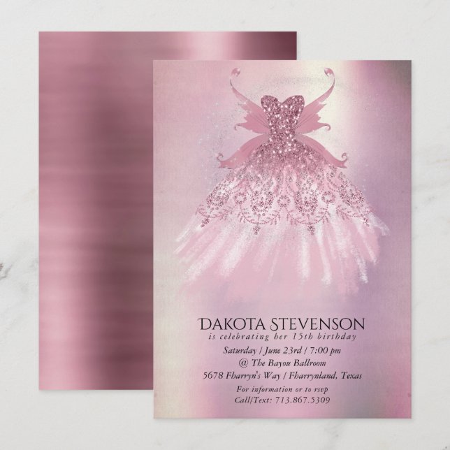 Fairy Wing Mauve Gown | Luxuriöse Dusty Pink Sheen Einladung (Vorne/Hinten)