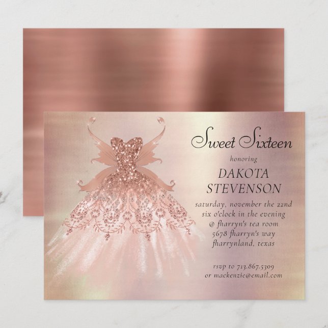 Fairy Wing Rose Gold Gown | Terracotta Coral Sheen Einladung (Vorne/Hinten)
