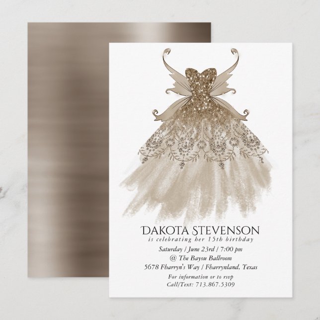 Fairy Wing Taupe Gown | Champagne Elegant Sheen Einladung (Vorne/Hinten)