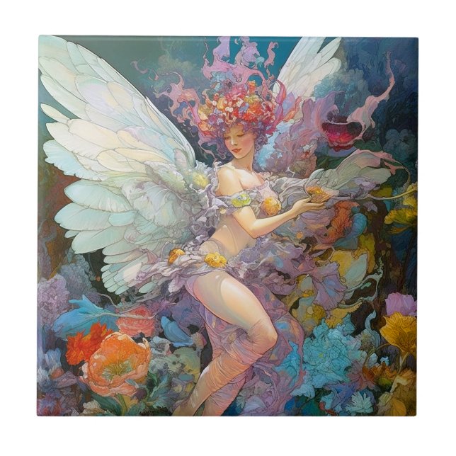 Fairy Woman In Blume Fantasy Art Fliese (Vorderseite)