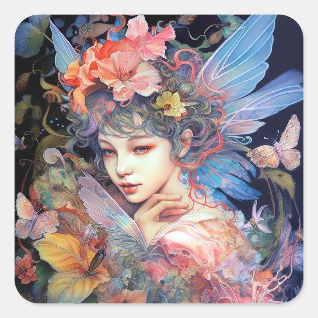 Fairy Woman In Blume Fantasy Art Quadratischer Aufkleber (Vorderseite)