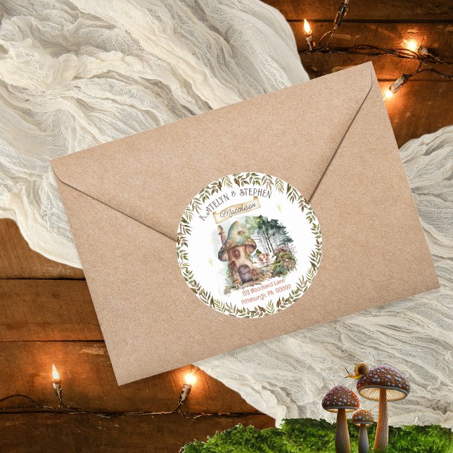 Fairy Woodland Animals Mushroom Rücksendeadresse Runder Aufkleber (Fairy First Woodland Animals Mushrooms Girl's 1st Birthday Party Round Return Address Envelope Seal.)