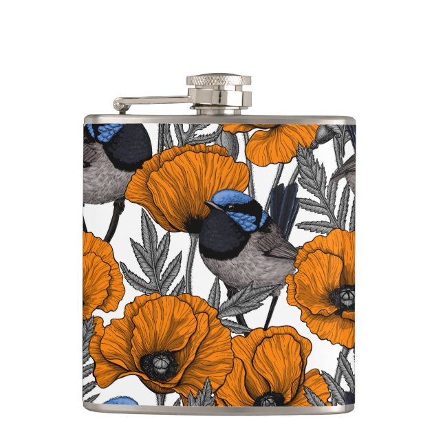 Fairy wrens and orange poppy flowers 2 flachmann (Vorderseite)