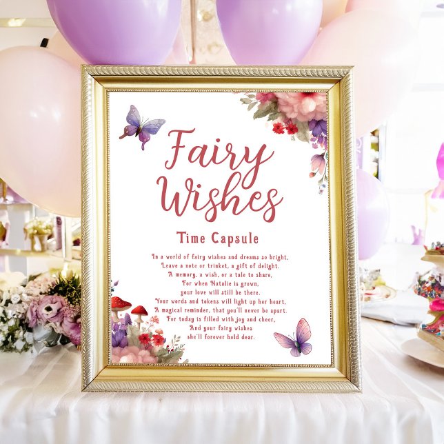 Fairy wünscht erste Geburtstagszeit Kapseluntersch Poster (Fairy Wishes Time Capsule Fairy Birthday Party Sign - Matching Notecards Available)