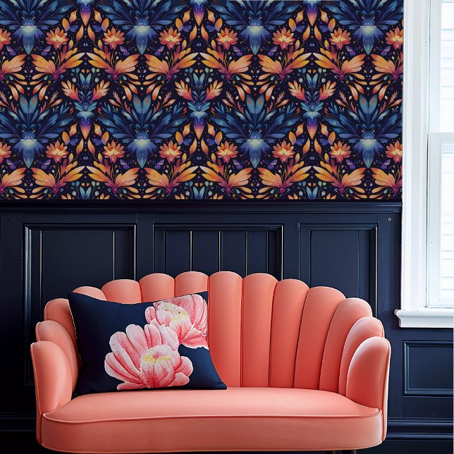 Fairycore Ethereal Blau und Orange Floral Tapete (Fairycore Ethereal Blue and Orange Floral Wallpaper above a coral scalloped sofa.)