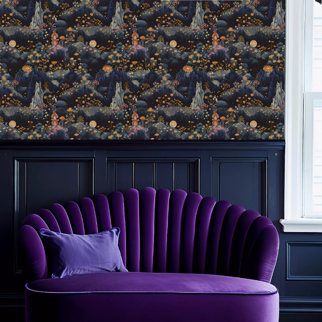 Fairycore Fantasy Mountain mit House Tapete (Fairycore Fantasy Mountain with House Wallpaper above a purple scalloped sofa.)