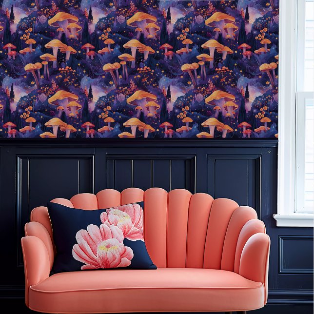 Fairycore Große Orangenhocker im Lila Wald Tapete (Fairycore Large Orange Toadstools in Purple Forest Wallpaper above a coral scalloped sofa.)