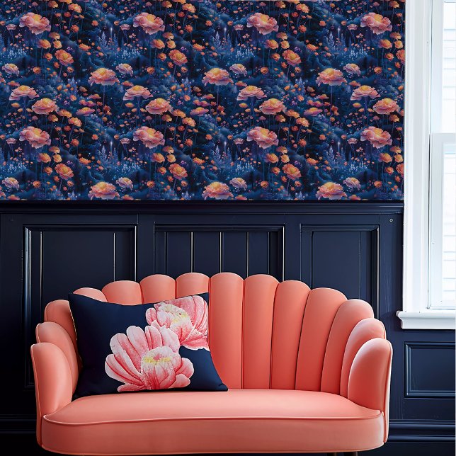 Fairycore Whimsical Coral und Blue Floral Tapete (Fairycore Whimsical Coral and Blue Floral Wallpaper above a coral scalloped sofa.)