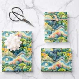 Fairyland Landscape Green Orange Geschenkpapier Set
