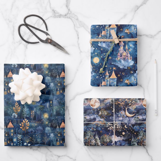 Fairyland Landscape Navy Blue Night  Geschenkpapier Set (Vorderseite)
