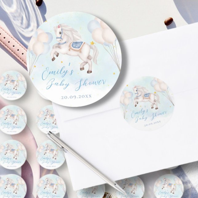 Fairytale baby Pony Blue Ballon Star Dusche Runder Aufkleber (Von Creator hochgeladen)