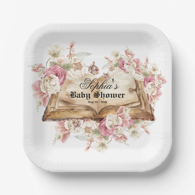 Fairytale Book Flowers Rose Baby Shower Pappteller (Vorderseite)