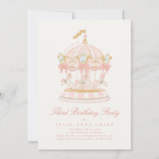 Fairytale Bows Pink Girl Carousel Birthday Party Einladung (Vorderseite)