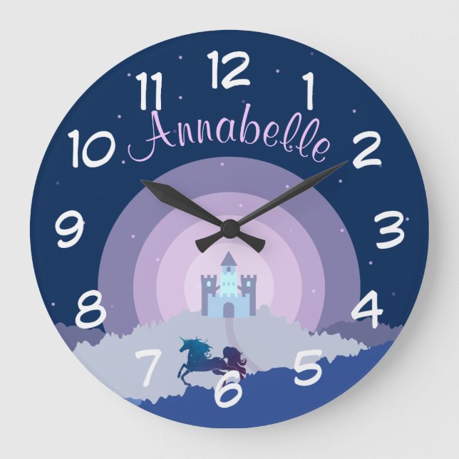 Fairytale Burg und Unicorn Personalisiert Große Wanduhr (Vorderseite)