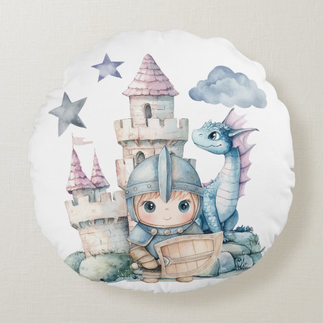 Fairytale Dreamy Dragon Blue Knight Baby Dusche Rundes Kissen (Vorderseite)