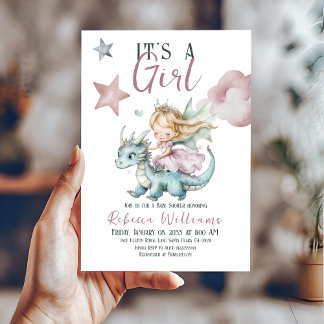 Fairytale Dreamy Dragon Pink Princess Baby Dusche Einladung