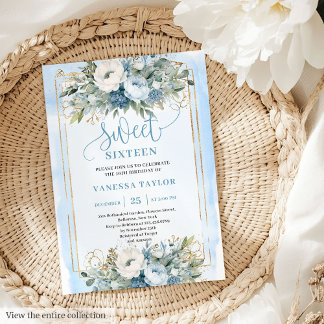 Fairytale Dusty Blue White Gold Blume Sweet 16 Einladung