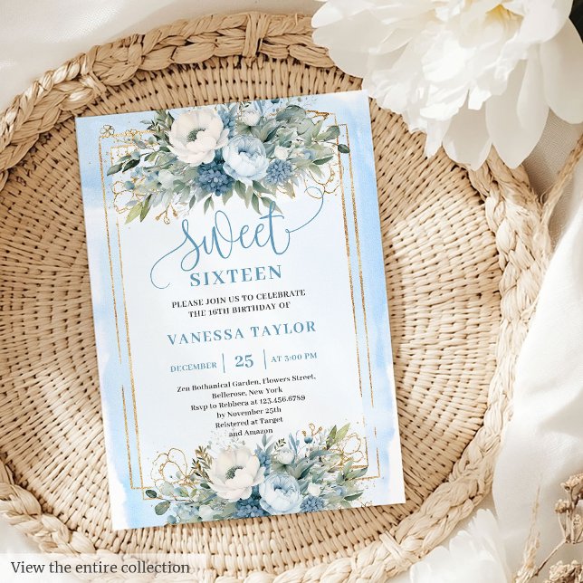 Fairytale Dusty Blue White Gold Blume Sweet 16 Einladung (Fairytale Dusty Blue White Gold Flowers Sweet 16 Invitation)