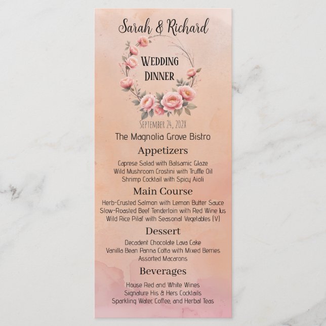 Fairytale Garden Peach Blush Floral Mariage Menu (Devant)