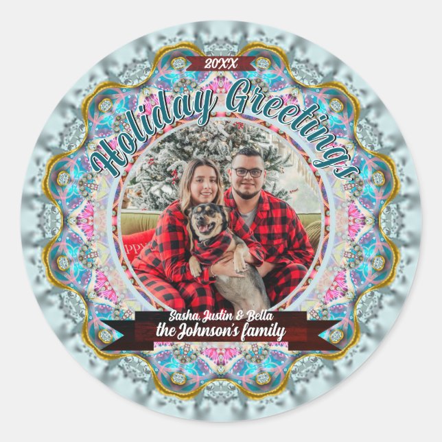 Fairytale Holiday Greetings Custom Photo Runder Aufkleber (Vorderseite)