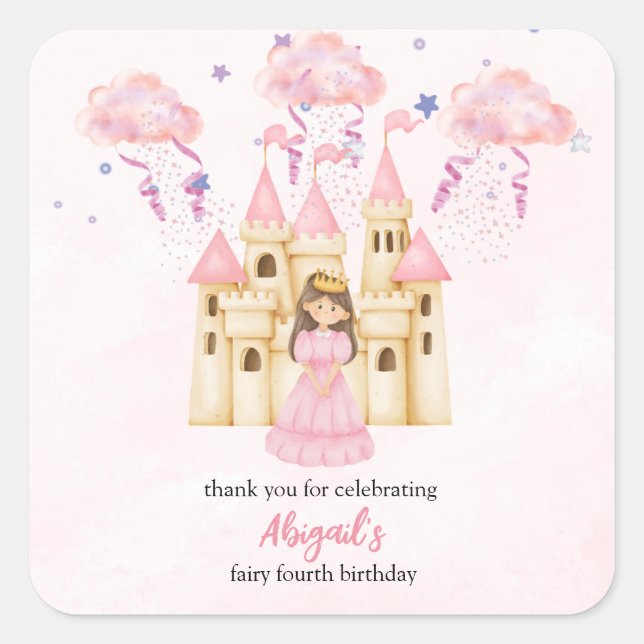 Fairytale Pink Castle Princess All Ages Birthday Quadratischer Aufkleber (Vorderseite)