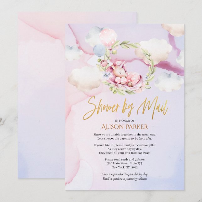 Fairytale Pink Unicorn | Kinderdusche per Post Einladung (Vorne/Hinten)