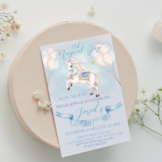 Fairytale Pony Star Ballon 1st Birthday Boy Party Einladung