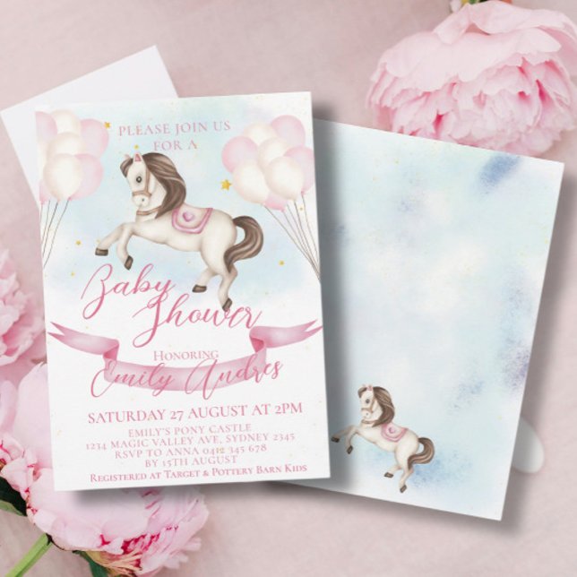Fairytale Pony Stars Pink Balloons Babydusche Einladung (Von Creator hochgeladen)
