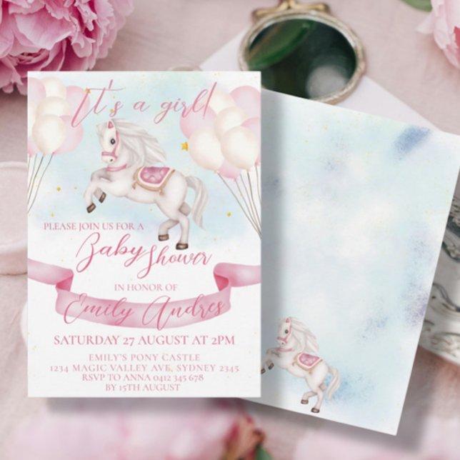 Fairytale Pony Stars Pink Balloons Babydusche Einladung (Von Creator hochgeladen)