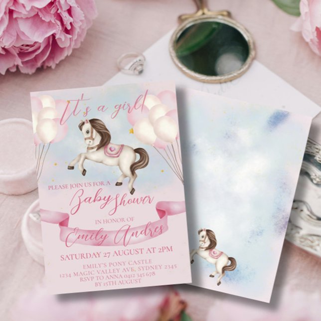 Fairytale Pony Stars Pink Balloons Babydusche Einladung (Von Creator hochgeladen)