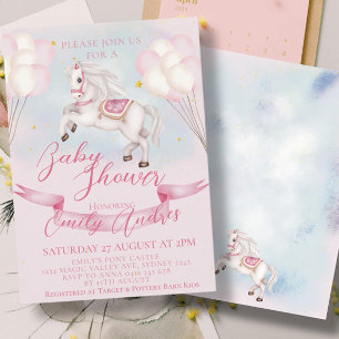 Fairytale Pony Stars Pink Balloons Babydusche Einladung