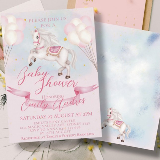 Fairytale Pony Stars Pink Balloons Babydusche Einladung (Von Creator hochgeladen)