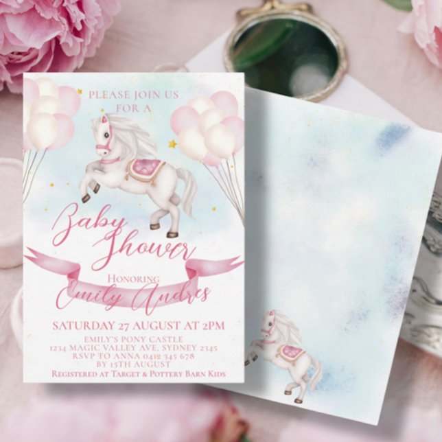 Fairytale Pony Stars Pink Balloons Babydusche Einladung (Von Creator hochgeladen)