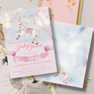 Fairytale Pony Stars Pink Balloons Babydusche Einladung