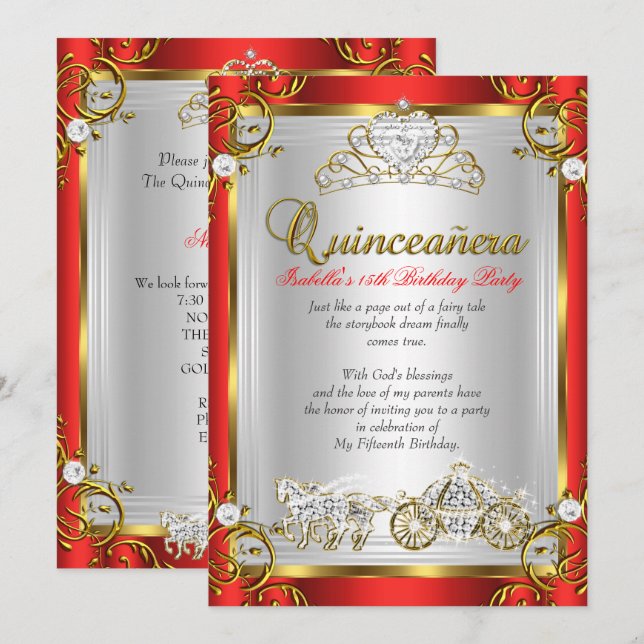 Fairytale Quinceanera 15. Geburtstag Rotes Gold Einladung (Vorne/Hinten)