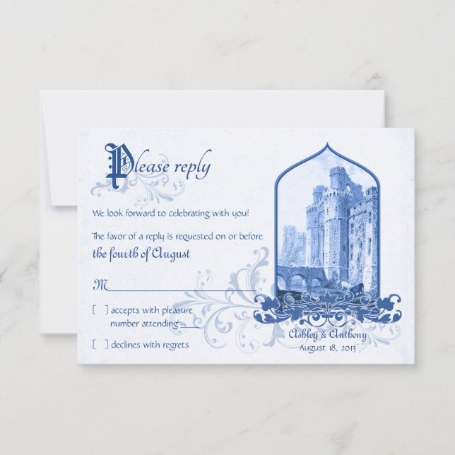 Fairytale Royal Blue Castle RSVP Karte (Vorderseite)