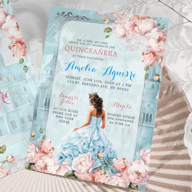 Fairytale Royal Castle Pink Blue Quinceañera Einladung (Von Creator hochgeladen)
