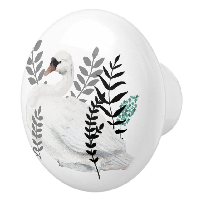 Fairytale Swan Illustration Folk Botanical Keramikknauf (Rechts)