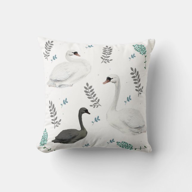 Fairytale Swan Illustration Folk Botanisches Muste Kissen (Vorderseite)