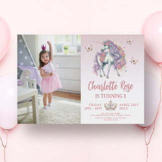 Fairytale Uniforn & Blume Rosa Foto Geburtstag Einladung