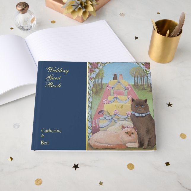 Fairytale Wedding Cats 10.5" x 8.25" Gold Gästebuch (Vorderseite offen)