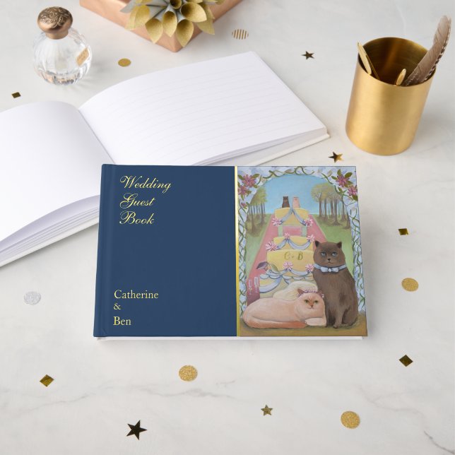 Fairytale Wedding Cats 9" x 6" Gold Gästebuch (Vorderseite Offen)