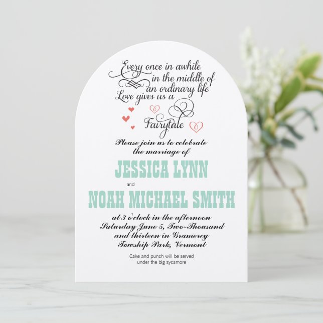 FairyTale Whimsical Hearts Mint Coral Love Bird Einladung (Stehend Vorderseite)