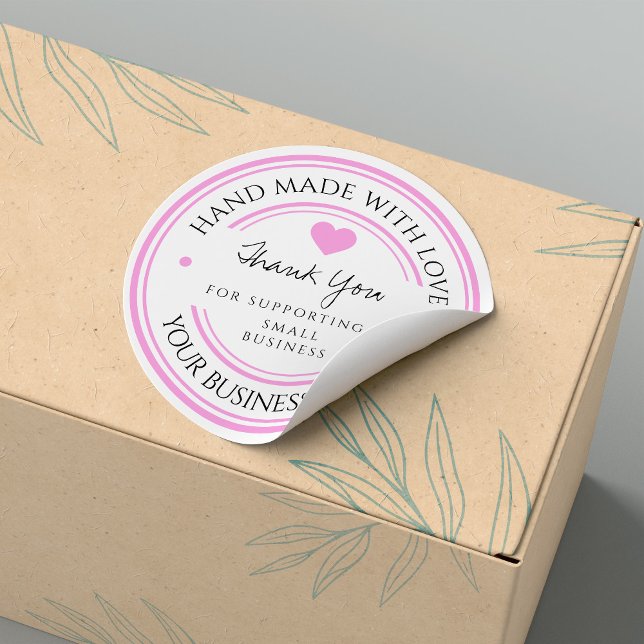 fait à la main avec amour | merci sticker rose noi (handmade with love | thank you Classic Round Sticker. #pinkthankyou #supportbusiness #modern #simple)
