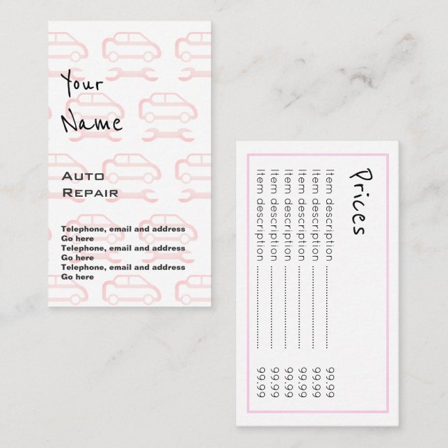 "Fait écho" des cartes des prix de réparation (Devant / Derrière)