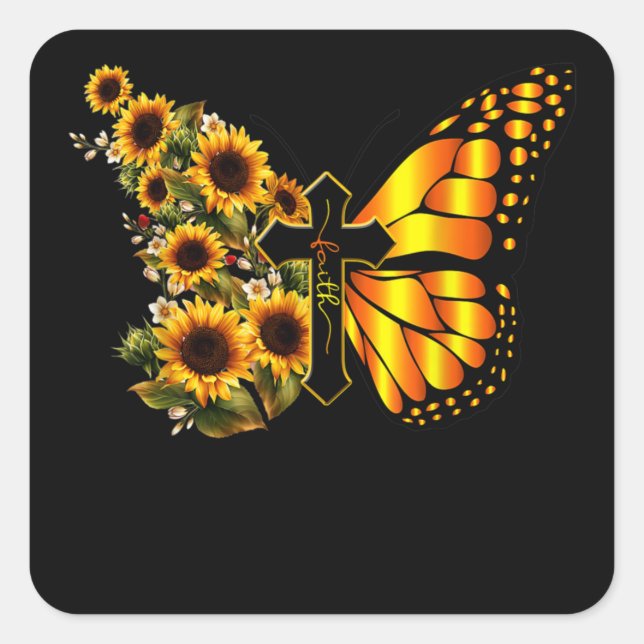 Faith Cross Sunflower Butterfly Christian Quadratischer Aufkleber (Vorderseite)