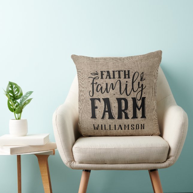 Faith Family Farm Burlap Nom de famille Coussin (Chaise)
