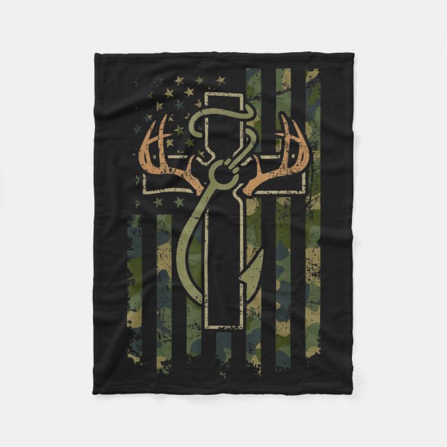 Faith Fishing Hunting Camo Us Flag Cross With Hook Fleecedecke (Vorderseite)