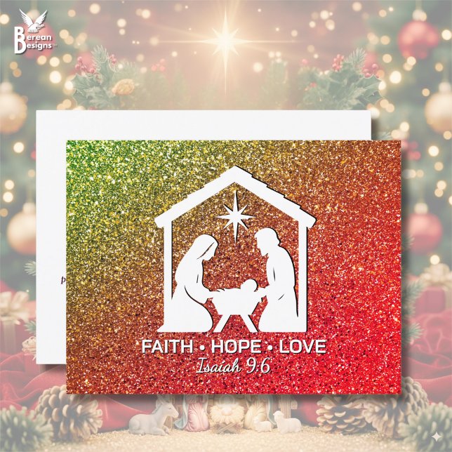 FAITH HOFFE LIEBE Glitzer Christlich Weihnachten (Stylish red green glitter Christian Christmas Nativity postcard with FAITH HOPE LOVE. Customizable.)