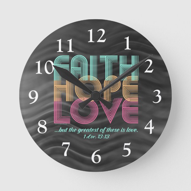 Faith Hope Liebe Christlich Bible Verse Retro Runde Wanduhr (Vorderseite)